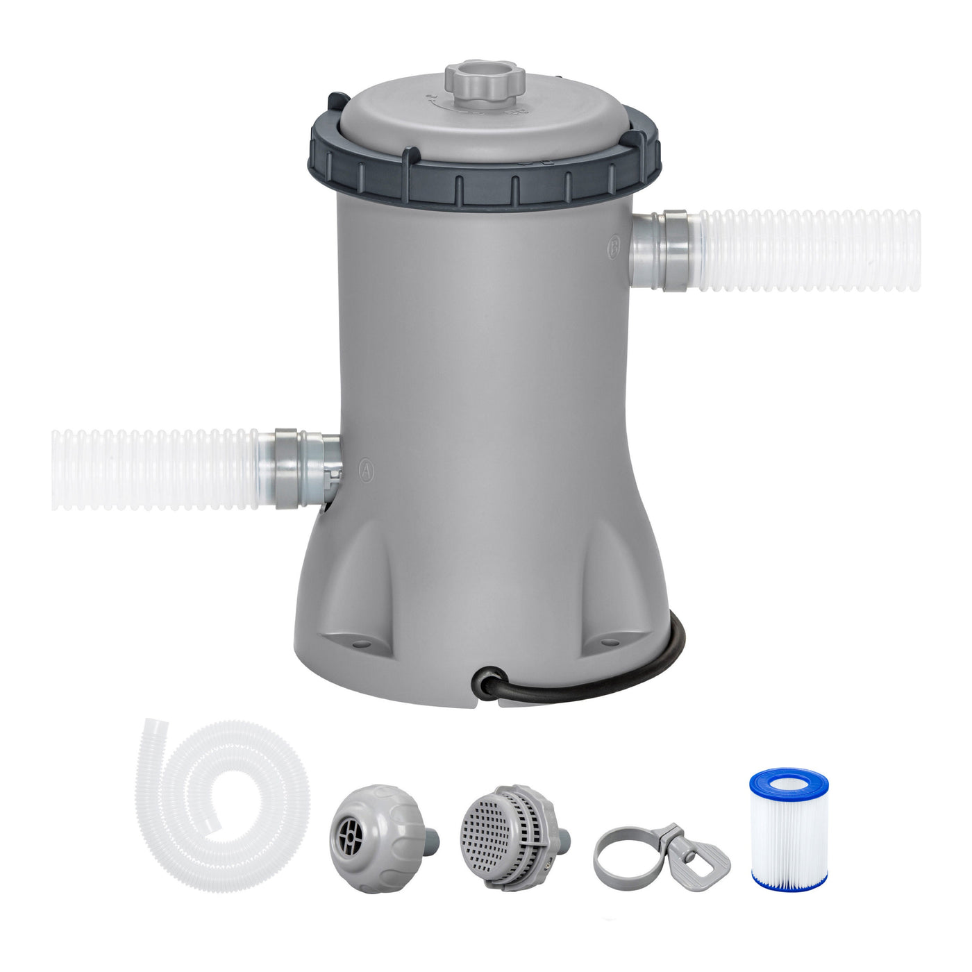 Bestway Flowclear Filterpumpe 58383 – Hauptansicht mit Schläuchen und Zubehör auf weißem Hintergrund