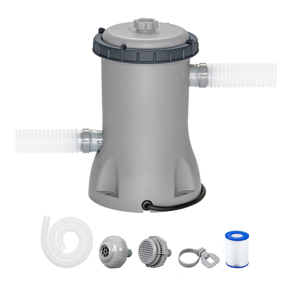 Bestway Flowclear Filterpumpe 58383 – Hauptansicht mit Schläuchen und Zubehör auf weißem Hintergrund